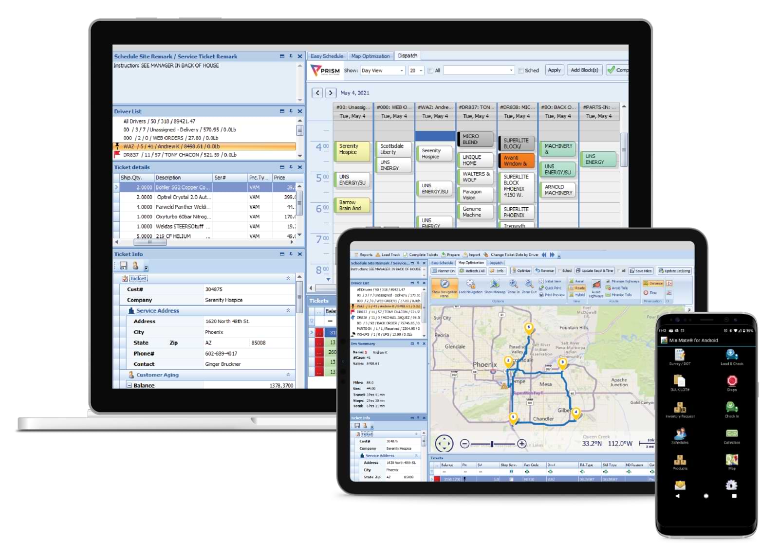 Route software displayed in laptop and phones